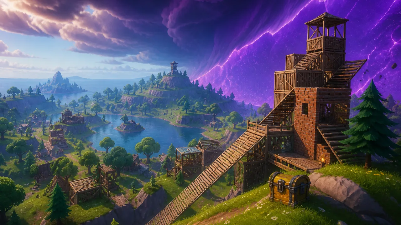 Fortnite guide art — mid-map rotations and zone tracking on Windows PC