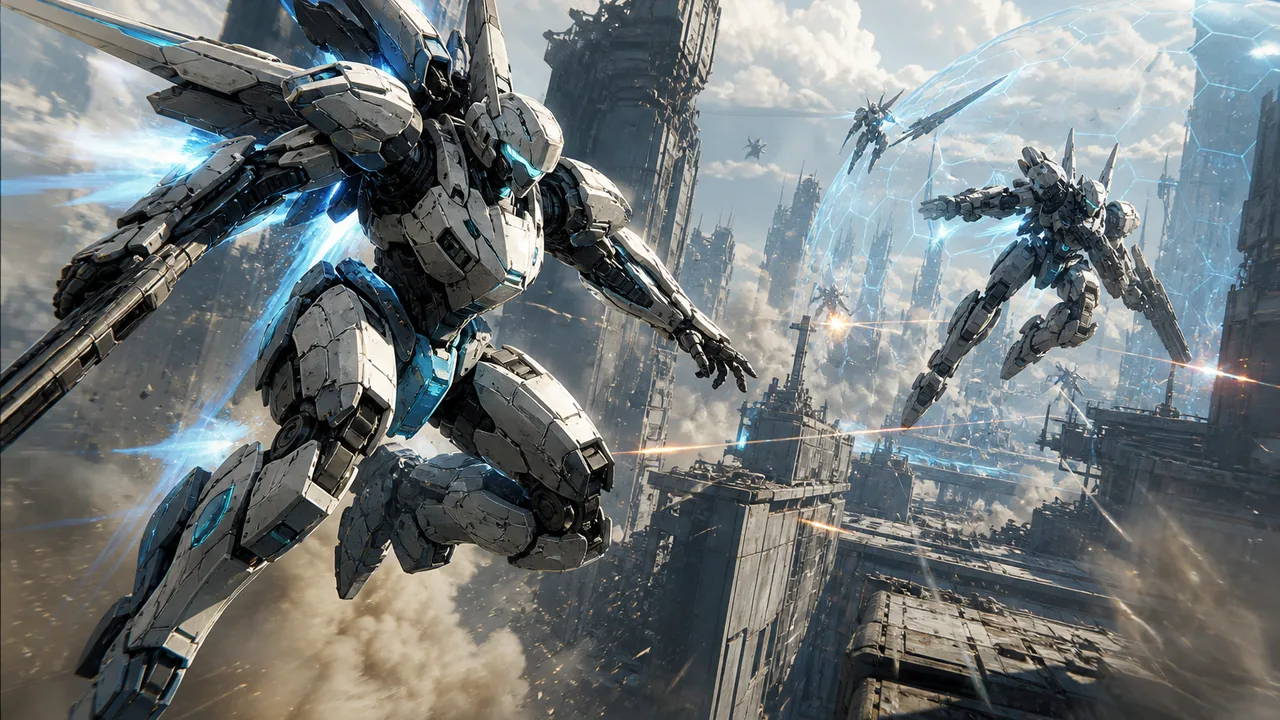 Mecha Break guide art — urban arenas and lock-on windows on Windows PC